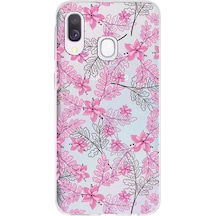 Samsung Galaxy A40 Uyumlu Kapak Floral Pembe Tasarımlı Şeffaf Silikon Kılıf