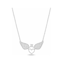 Çekirdekjewelry 925 Ayar Gümüş Rodyum Kaplama Melek Kanatlı Kalp Kolye Taşlı Zarif Tasarım Gri