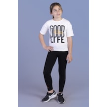 Toontoy Kids Toontoy Kız Çocuk 2'li Takım Baskılı Bisiklet Yaka T-shirt & Basic Düz Tayt Ekru