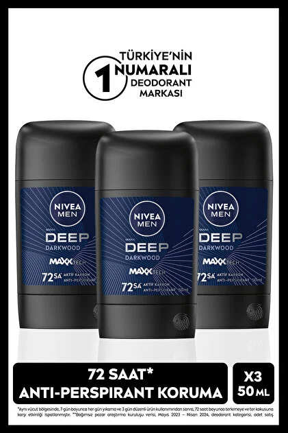 Nivea Men Deep Darkwood Maxxtech Aktif Karbon Erkek Stick Deodorant 3 X 50 Ml