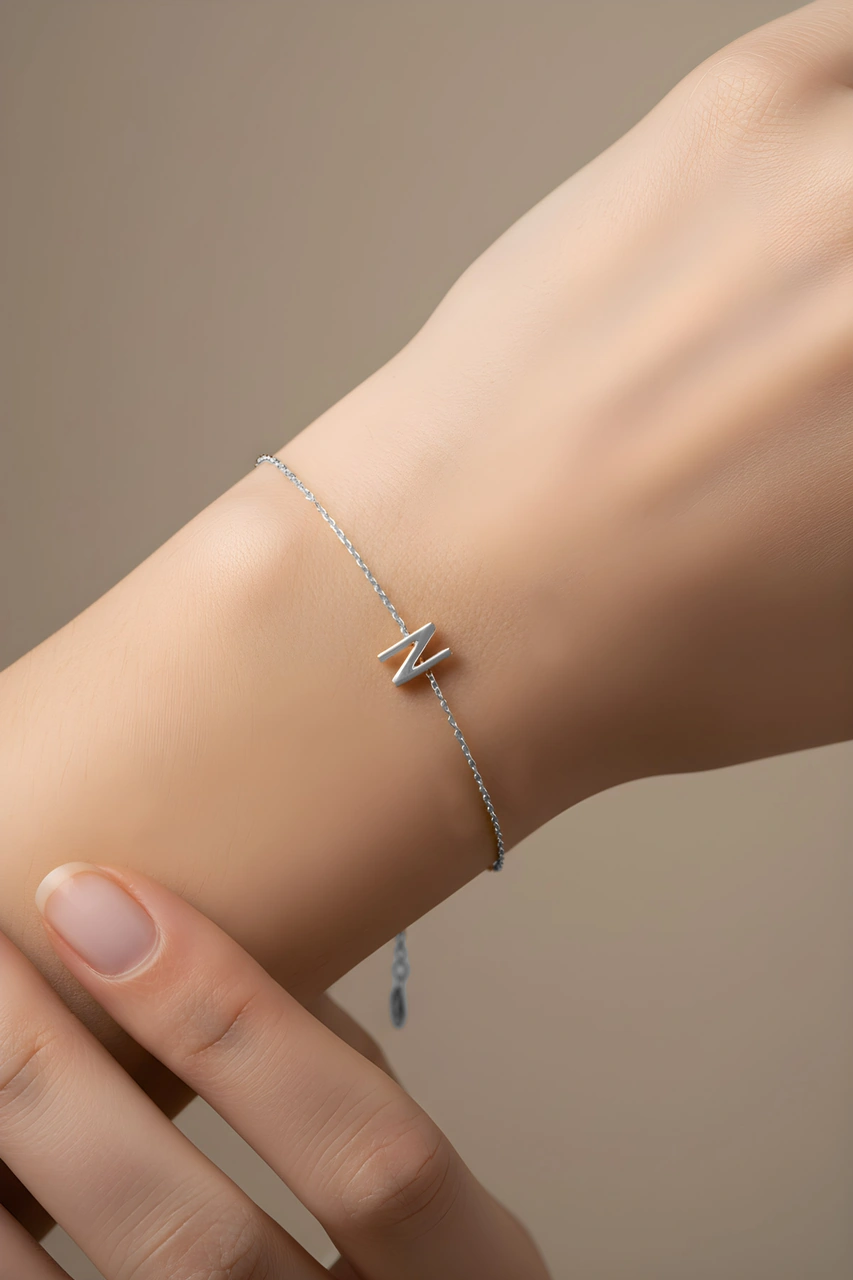 N Harfi 18 Ayar Beyaz Altın Kaplama 18 Cm Gümüş Bileklik Rodyum