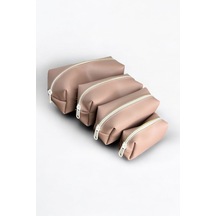 4'lü Set Kozmetik Çantası, Pudra Pembe, Fermuarlı, Farklı Boyutlarda