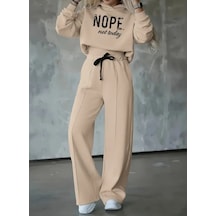 Kadın Bej Baskılı Kapüşonlu Sweatshirt Ve Bol Paça Eşofman Altı İkili Takım - Spor Şık Ev & Günlük K