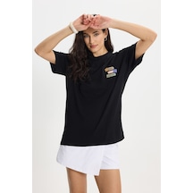 Tudors Kadın Oversize Geniş Kesim Pamuk Bisiklet Yaka Baskılı Siyah Tişört -50388 L