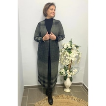 Mia Butik Büyük Beden Haki Siyah Kare Desenli Uzun Hırka Haki