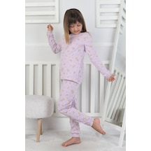 Kız Çocuk Lila Çiçek Desenli %100 Pamuk Fitilli Interlok Pijama Takımı 3-8 Yaş Koyu Lila