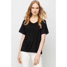 Kadın Sıfır Yaka Basic Penye T-shirt Siyah SIYAH