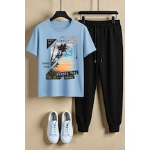 Uyguntarz Unisex Summer Vıbe Baskılı Tasarım Tshirt - 2'li Eşofman Takımı Bebe Mavisi