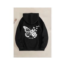 Medinenur Kelebek Desenli Kapüşonlu Cepli Sweatshirt Siyah