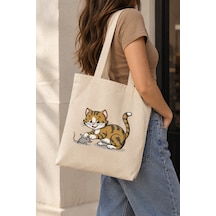 Lunora Collection Kedi Ve Fare Baskılı Körüklü Kanvas Bez Çanta Açık Ten