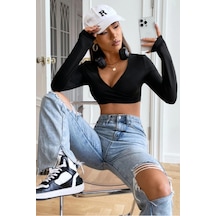 Kadın Crop Bluz Uzun Kollu V Yaka Fit Basic Şık Üst Siyah Kadın Crop Bluz Uzun Kollu V Yaka Fit Basic Şık Üst Siyah