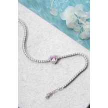 925 Ayar Gümüş Rodyum Kaplama Pembe Taşlı Kalp 2 Mm Zirkon Taşlı Suyolu Bileklik Rodyum