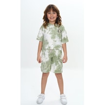 Toontoy Kids Toontoy Kız Çocuk 2'li Takım Batik Baskılı Bisiklet Yaka T-shirt & Beli Lastikli Cepli Şort Yeşil