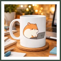 Bezos Laptoplu Hamster Desenli Porselen Kupa Model 112 Sevimli Çalışkan Hamster Tasarımlı Kahve Kupası , Ofis & Ev İçin Tatlı Hediye Nhr Çok Renkli