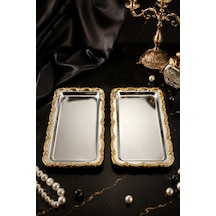 Jasper Nova Gold 2'li Paslanmaz Çelik Gold Çerçeve Kahve Sunum Tepsisi Baton 33x17 Cm Gri - Altın