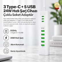 Priz 3 Type-c + 5 Usb Girişli 24w Hızlı Şarj Cihazı Çoklu Soket Akım Korumalı Adaptör-1787