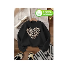 Herkesemoda Leopar Kalp Desen Detaylı Bisiklet Yaka İçi Polarlı Sweatshirt Siyah