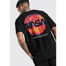 Flood Of Style Erkek Siyah Ateş Nasa Baskılı Oversize Tshirt