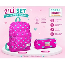Coral Hıgh Kalp Desenli Pembe Yeşil Sırt Çantası 23113+ Kalemlik 22317 Çok Renkli