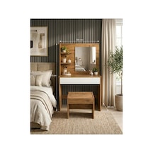 Dicle Aynalı Çekmeceli Makyaj Masası 150x90 Cm- Atlantik Çam- Beyaz - Tabureli Kahverengi - 931047217 Kahverengi