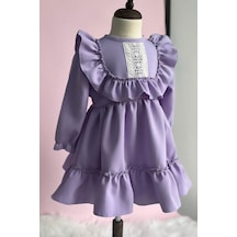 Dantel Detaylı Fırfırlı Lila Kız Çocuk Bebek Elbise 001