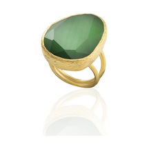 Kadir Jewellery 22 Ayar Altın Kaplama Kadın Fosil Taşlı Yüzük Yeşil