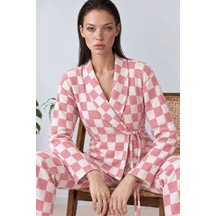 Kadın Kruvaze Yaka Kareli Beli Kuşaklı Pembe Pijama Takımı 4785