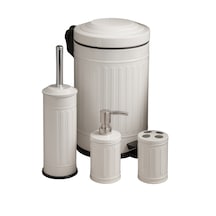 Vintage Dörtlü Siyah Banyo Seti Çöp Kovası Tuvalet Fırçası Diş Fırçalık Sıvı Sabunluk Metal Beyaz
