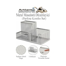 Masaüstü Metal Kalemlik Seti 3 Lü Kombo 1 Paket Fileli Perfore Renkli Kalemlik Kağıtlık Küpnotluk Düzenleyici Gümüş