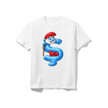 Urbantrendstore Şirinler Şirin Baba Baskılı Unisex Kız Çocuk Erkek Çocuk Bisiklet Yuvarlak Yaka Basic Kısa Kollu %100 Pamuk Tişört Beyaz