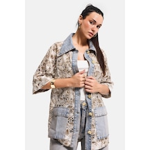 Itsbasic Kadın Kot Kahve 4s6-65 Oversize Özel Tasarım Gül Dantel Detaylı Ceket Gömlek Kot Rengi
