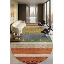 Etnik Kilim Desenli Pamuk Taban Yıkanabilir Baskılı Oval Halı Turuncu