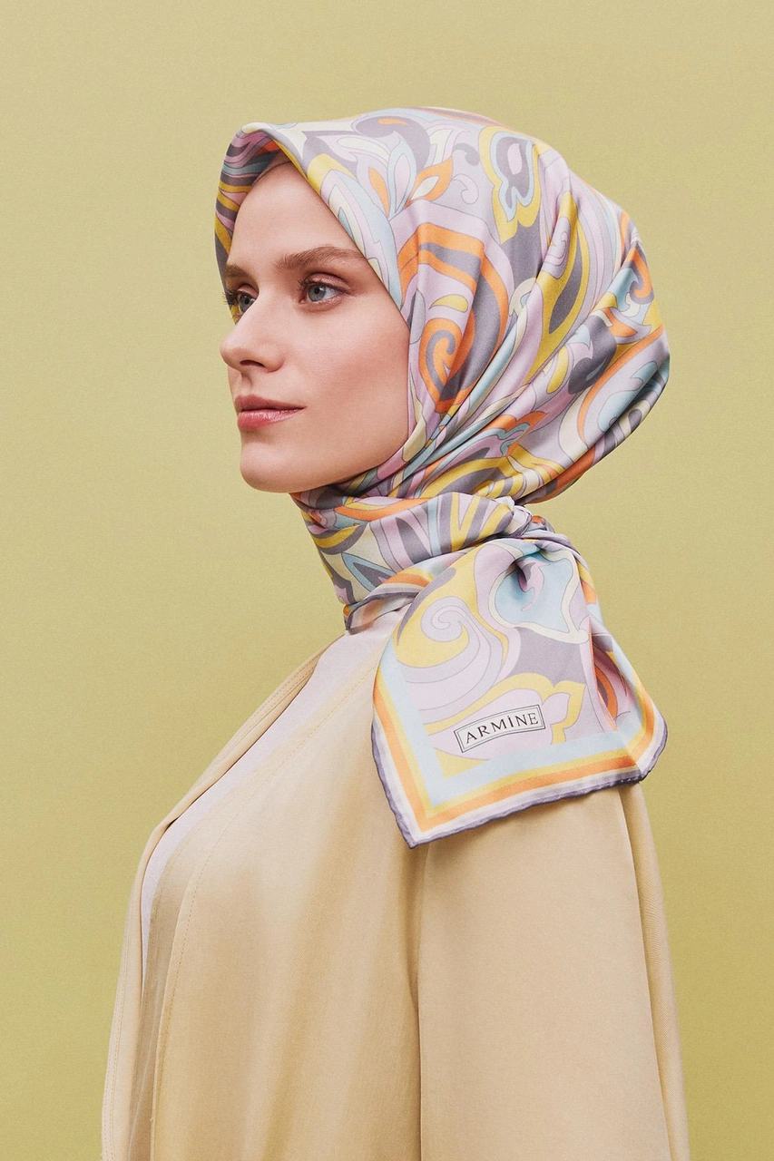 Armine Etnik Desenli Saf İpek Twill Eşarp 9323d 81 Lila