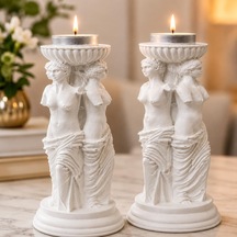 Yunan Üç Güzeller Tealight Mumluk Seti 2 Li, 16 Cm Taş Tozu Beyaz Heykel Mumluk, Antik Mitoloji Ev Dekoru