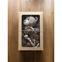 Kozababy Handmade Amigurumi Bebek Hediye Seti - Ayıcık Oyuncak, Ahşap Diş Kaşıyıcı Çıngırak Ve Emzik Askısı Takımı Özel Kraft Kutulu Kahverengi