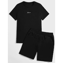 California Imza T-shirt Şort - Siyah Alt Üst Takım Şort Tişört Kombin Baskılı Bisiklet Yaka Siyah