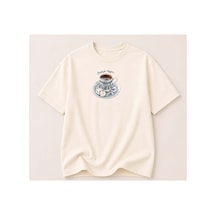 Herkesemoda Turkish Coffee Baskı Detaylı Kadın Bisiklet Yaka Pamuklu T-shirt Krem