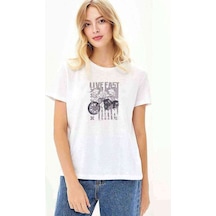 Live Fast Motorsiklet Baskılı Beyaz Kadın Tshirt