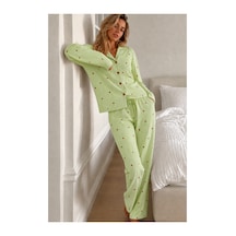 Fit Women Kadın Puantiyeli Uzun Kollu Düğmeli Yeşil Pijama Takımı