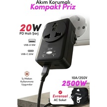 20w Pd Hızlı Şarjlı Akım Korumalı Kompakt Priz 2500w Usb-c & Usb-a 18w Qc Hızlı Şarj Kablosuz
