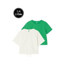 Kadın 2'li Paket Ekru-yeşil Kısa Kollu T-shirt Oversize %100 Pamuk Bisiklet Yaka Bluz Tişört Çok Renkli