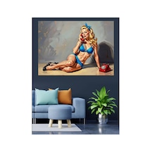 Telefonlu Retro Mavi Bikini Kadın Yağlı Boya Dokulu Kanvas Tablo Canvas Tablosu
