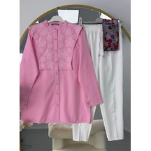 Lovie Moda Kadın Beyaz Pantolonlu Takım - Pembe Lovie Moda Kadın Beyaz Pantolonlu Takım - Pembe