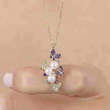 Ametist Taşlı Kelebek Valsi Gold Renk Gümüş Kolye