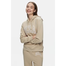 Ucla Rıley Koyu Bej Kapüşonlu Nakışlı Standard Fit Kadın Sweatshirt Koyu Bej