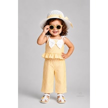 Babyden's Kız Bebek Şapkalı Yazlık Takım 3'lü Doğum Günü Kıyafeti Çizgili Fırfırlı Bluz Pantolon Kombini 9-36 Ay Sarı