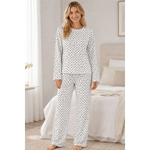 Kadın Kalpli Uzun Kol Rahat Pijama Takımı 4673 Beyaz