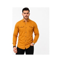 Genel Markalar Erkek Hardal Gabardin Gömlek Uzun Kollu Çift Cepli Düğmeli Günlük Slim Fit Gö... Turuncu