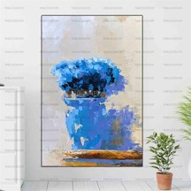 Vazodaki Mavi Çiçekler Yağlı Boya Dokulu Tablo - 35 X 50
