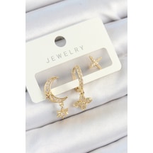 Pirinç Zirkon Taşlı Çiçek Ve Ay Model Gold Renk 3'lü Çift Kadın Küpe Set - Ebj250705w36210 Diğer Pirinç Zirkon Taşlı Çiçek Ve Ay Model Gold Renk 3'lü Çift Kadın Küpe Set - Ebj250705w36210 Diğer